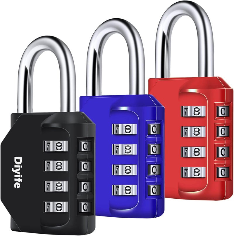 Diyife 3 Pack Combination Padlock, 4 Digit Combination Lock Outdoor Waterproof, Metal and Plated Steel Combination Clasp, for Fence, Locker, School, Gym, Toolbox (Black Blue Red) - Image 1